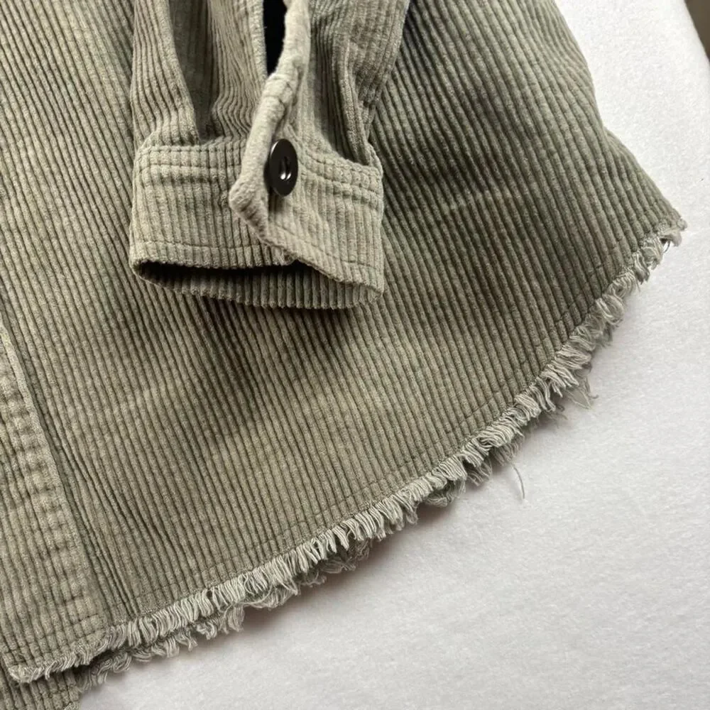Zara Green Corduroy Button-Up Jacket | Frayed Hem Shacket | Size Small - Picture 3 of 5